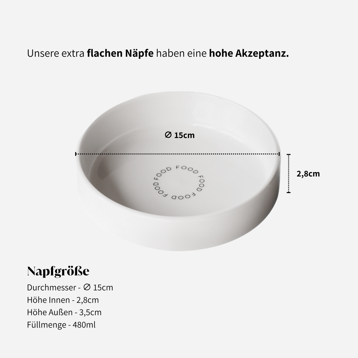 Extra flacher Napf für Katzen aus Keramik mit Aufdruck "Food"