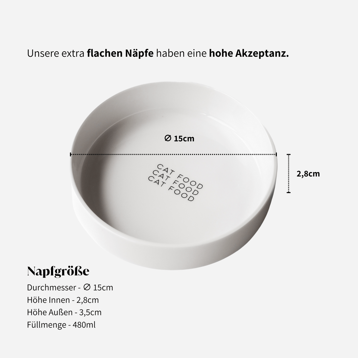 Extra flacher Napf für Katzen aus Keramik mit Aufdruck "Cat Food"