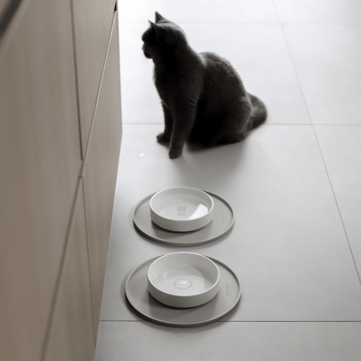 Eine graue Katze sitzt neben zwei modernen Futterplätzen in einer stylischen Küche