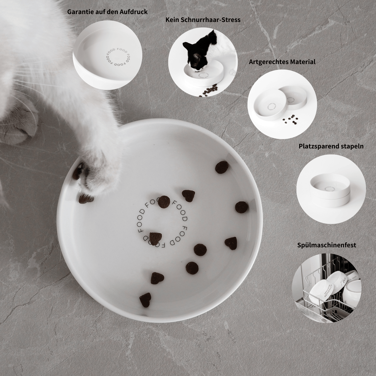 Extra flacher Napf für Katzen aus Keramik mit Aufdruck "Food"