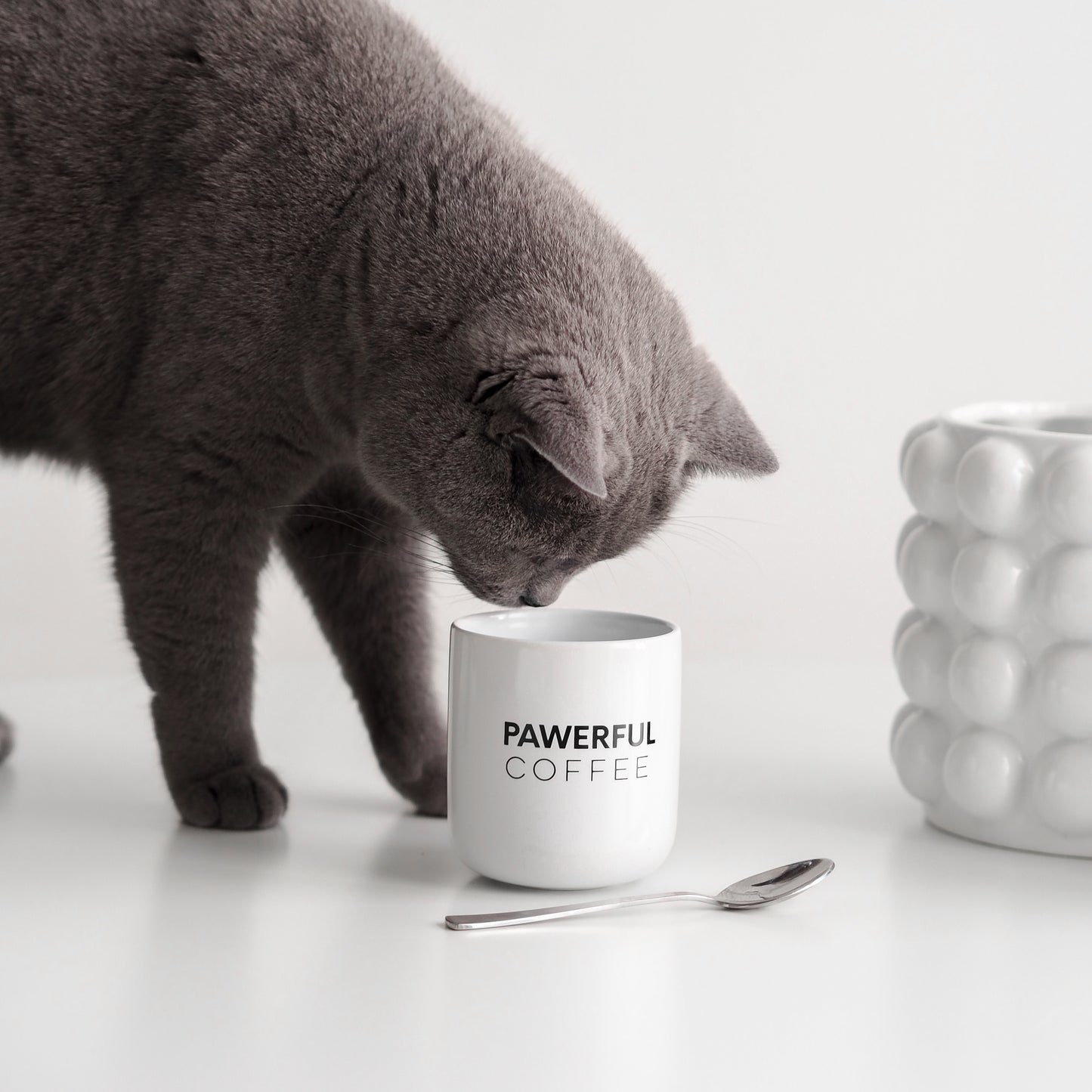 Katze mit weißer Keramiktasse mit süßem Katzenspruch für Catlover