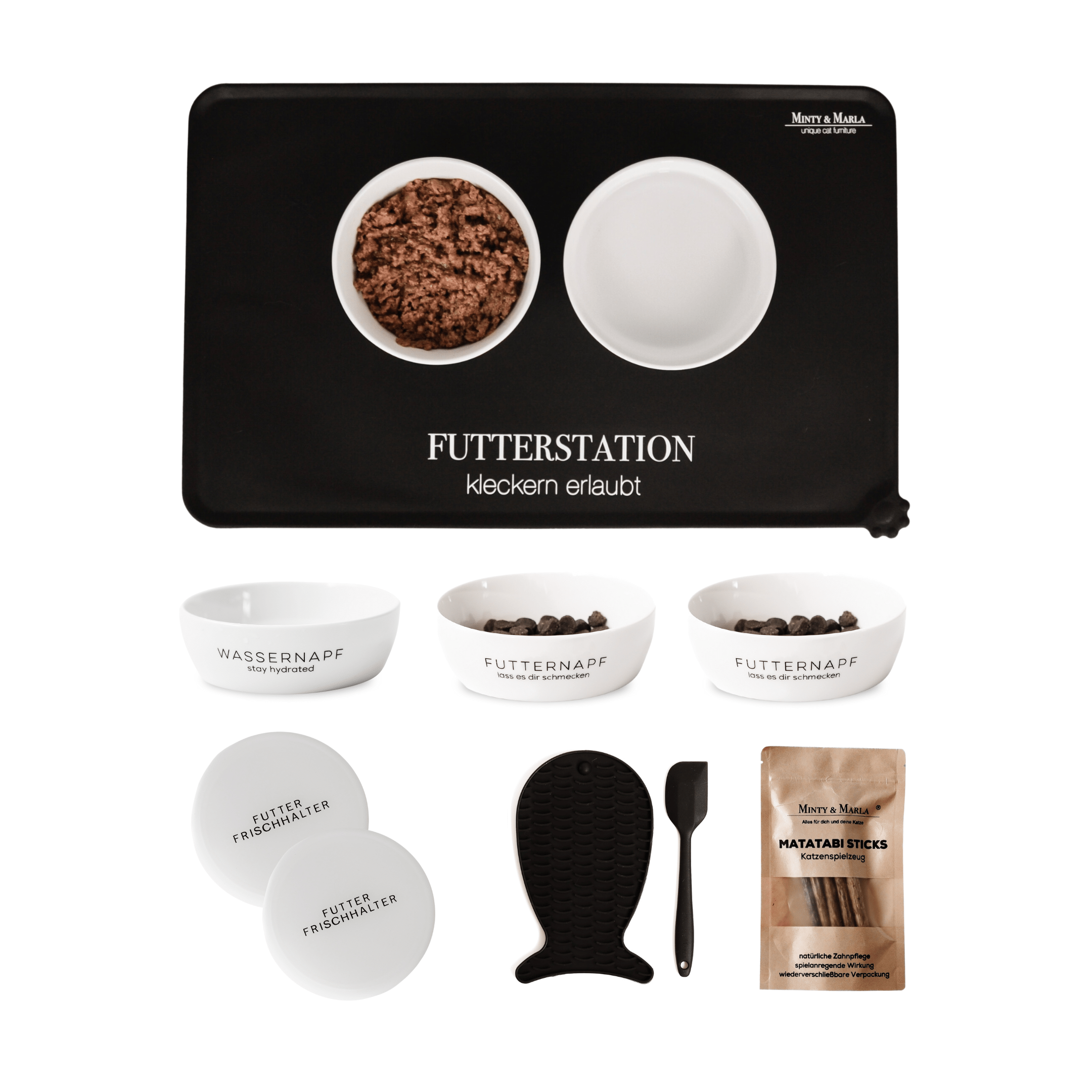 Futterzubehör Ausstattung mit Keramiknäpfen, Napfdeckeln, Napfunterlage und Schleckmatte für Katzen
