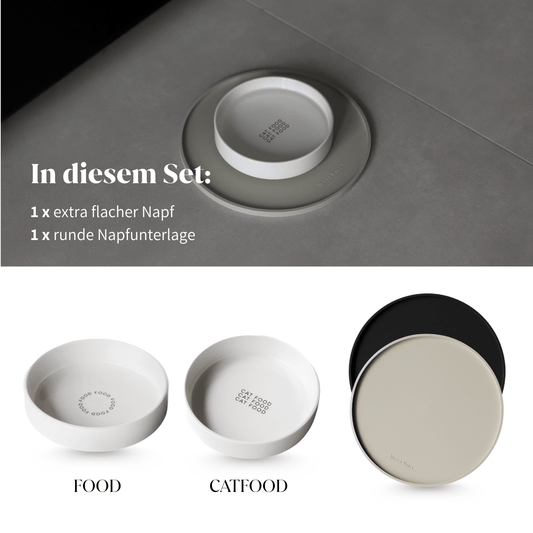 Futterpatz für Katzen mit flachem Keramiknapf in weiss und einer runden Napfunterlage in schwarz oder beige