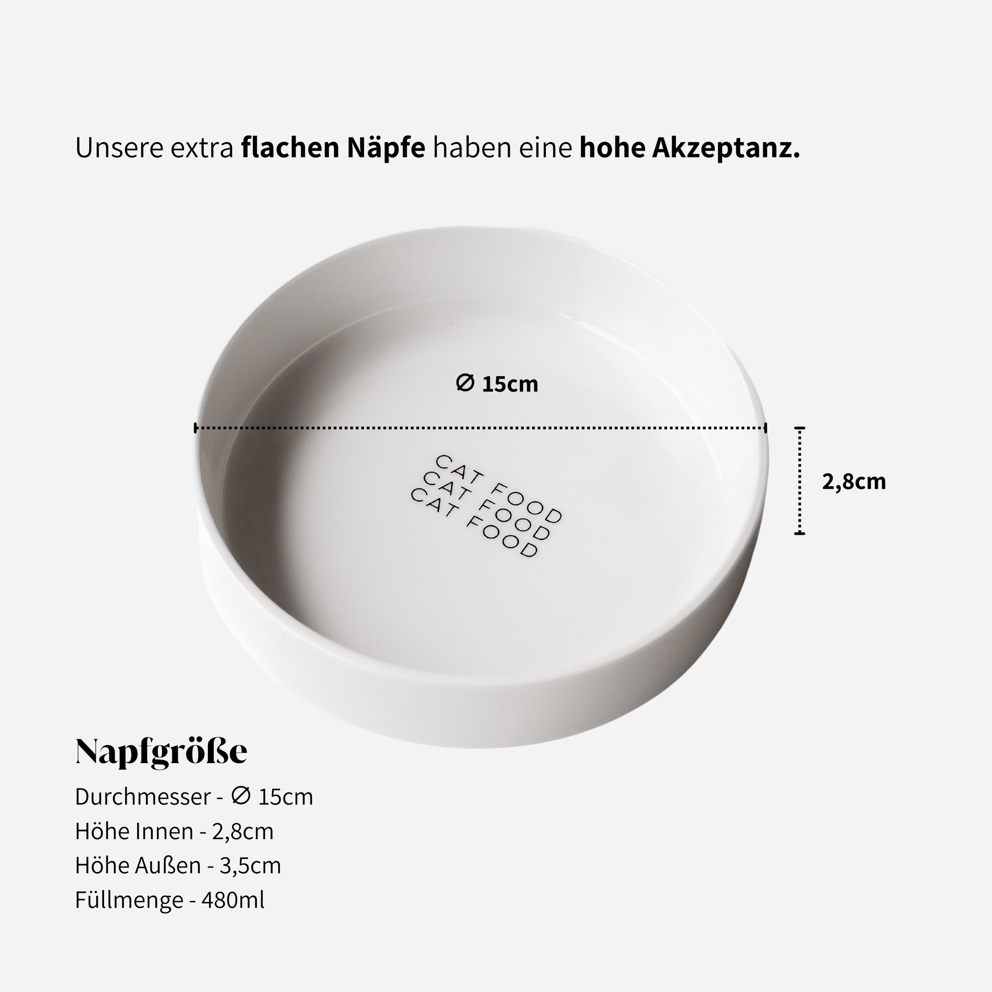 Extra flacher Napf für Katzen aus Keramik mit Aufdruck "Cat Food"