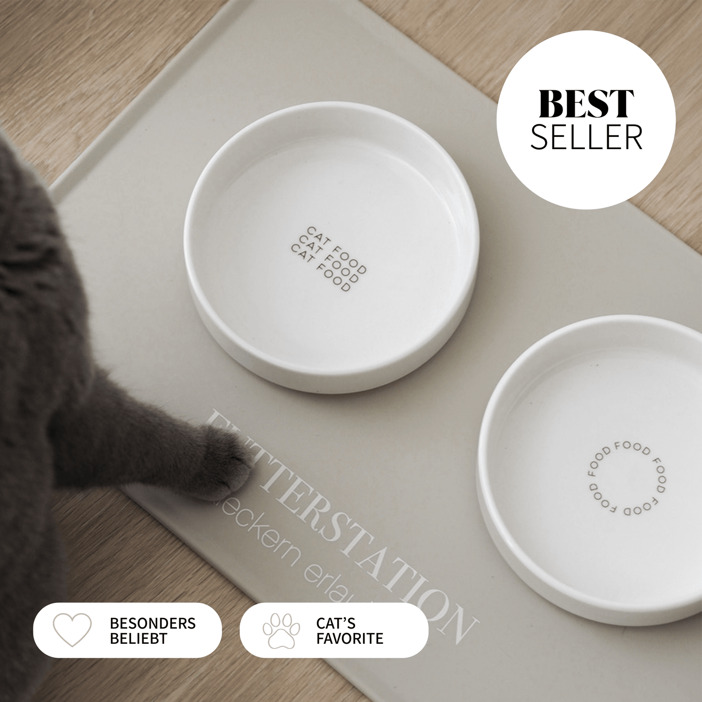Schöner Futterplatz für Katzen bestehend aus Näpfen und Napfunterlage