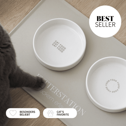 Schöner Futterplatz für Katzen bestehend aus Näpfen und Napfunterlage