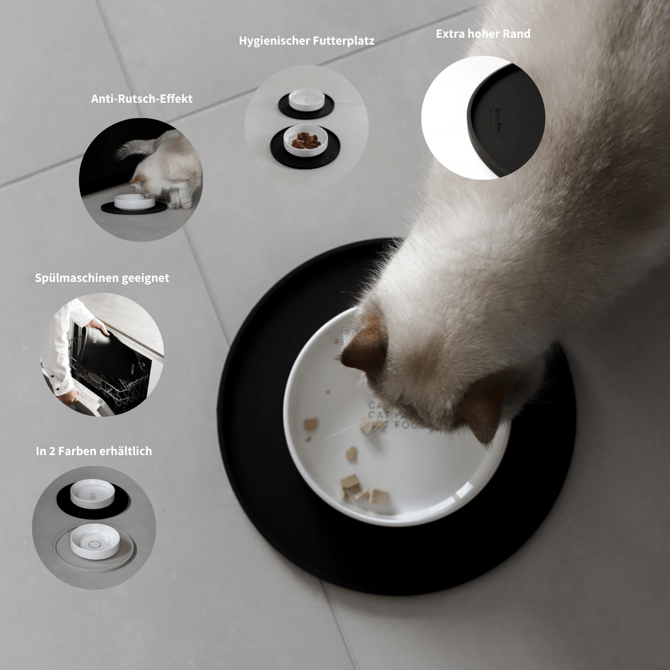 Runde Napfunterlage in schwarz für Katzen Katzenfutter