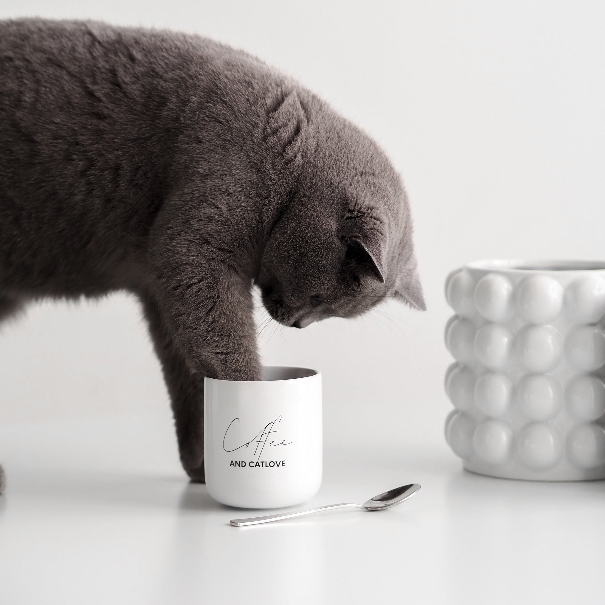 Katze mit weißer Keramiktasse für Catlover und Katzenmamas 