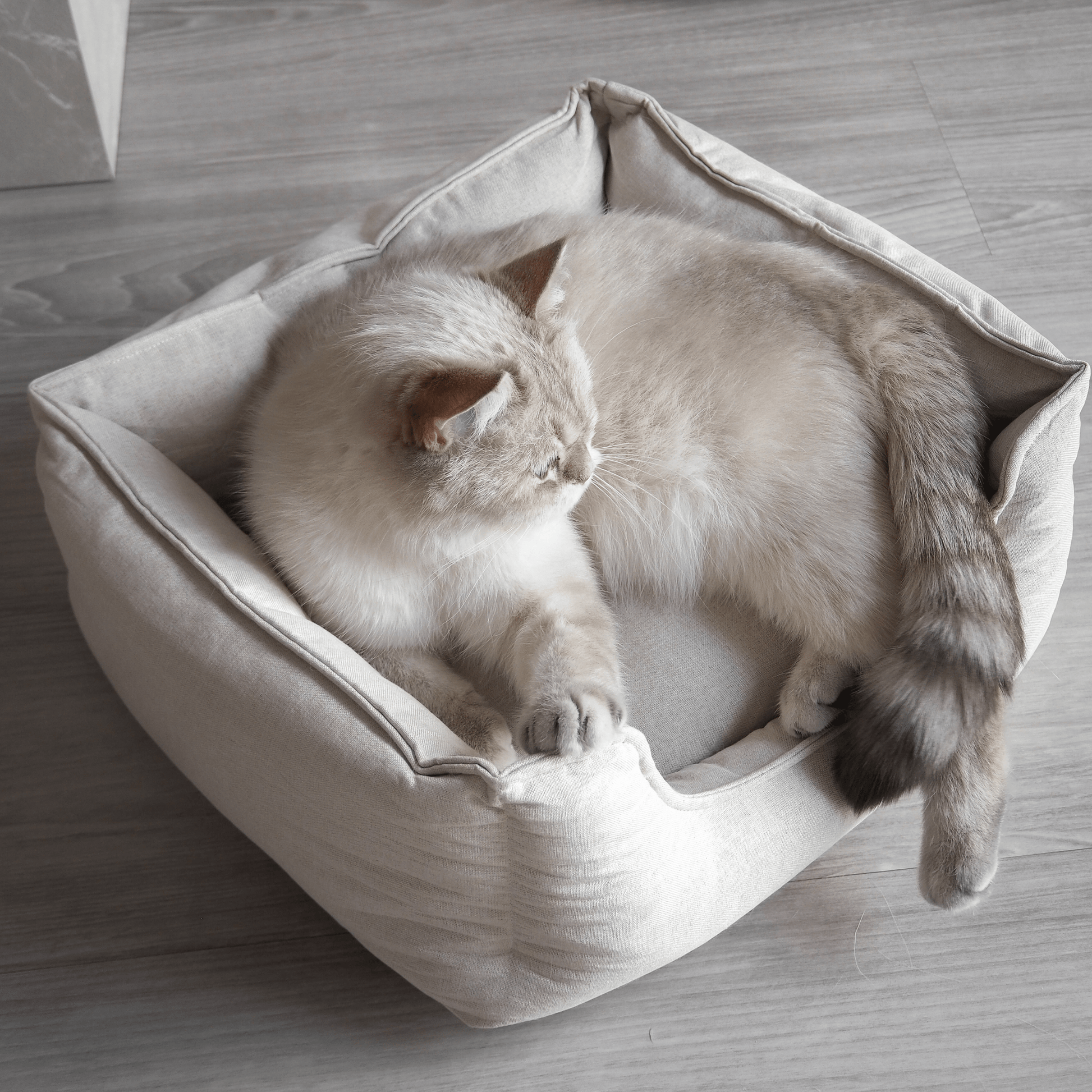 Schönes Bett Körbchen für Katzen aus Leinenstoff