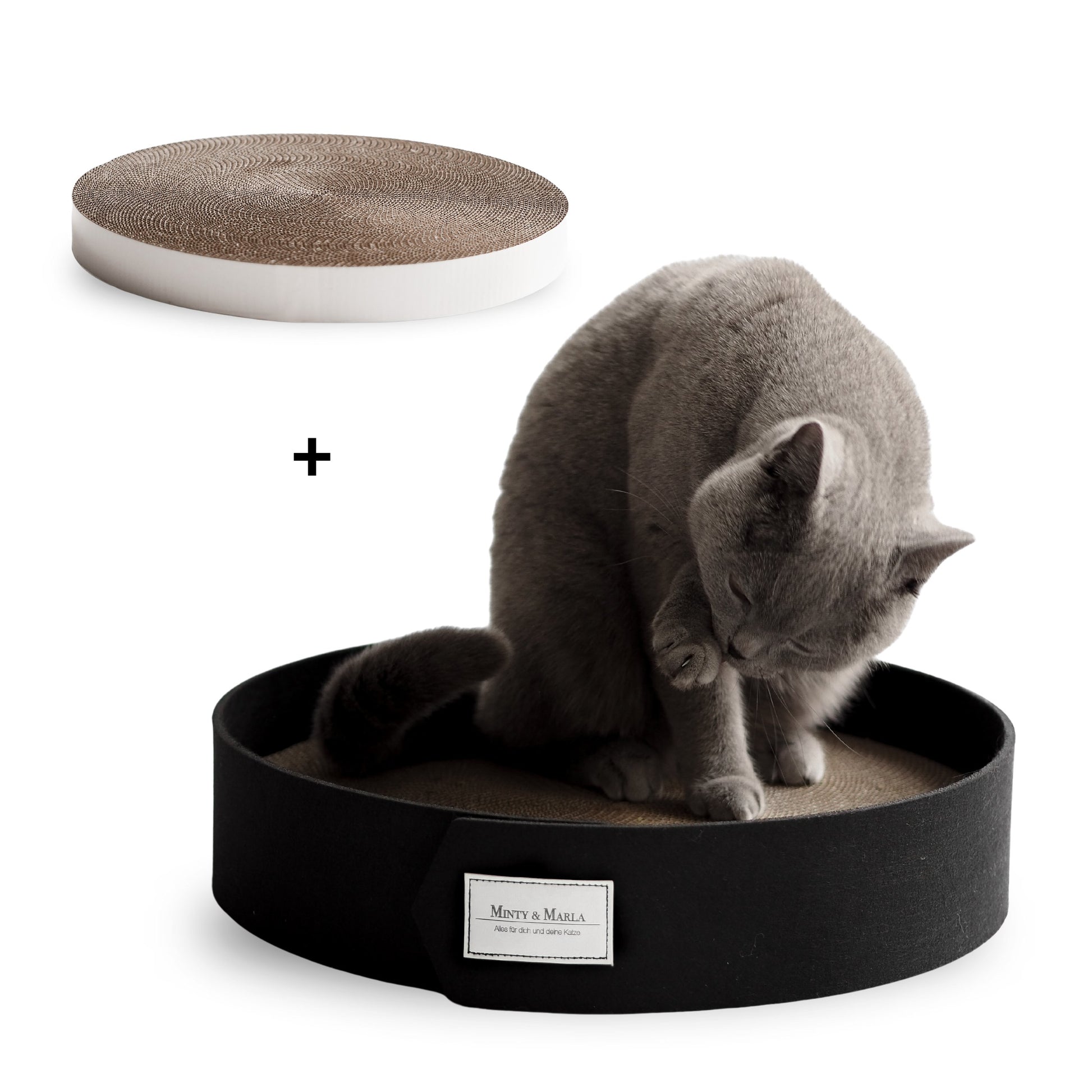 Kratzbrett für Katzen zum Kratzen und Schlafen mit Kratzpappe aus recyceltem Material.