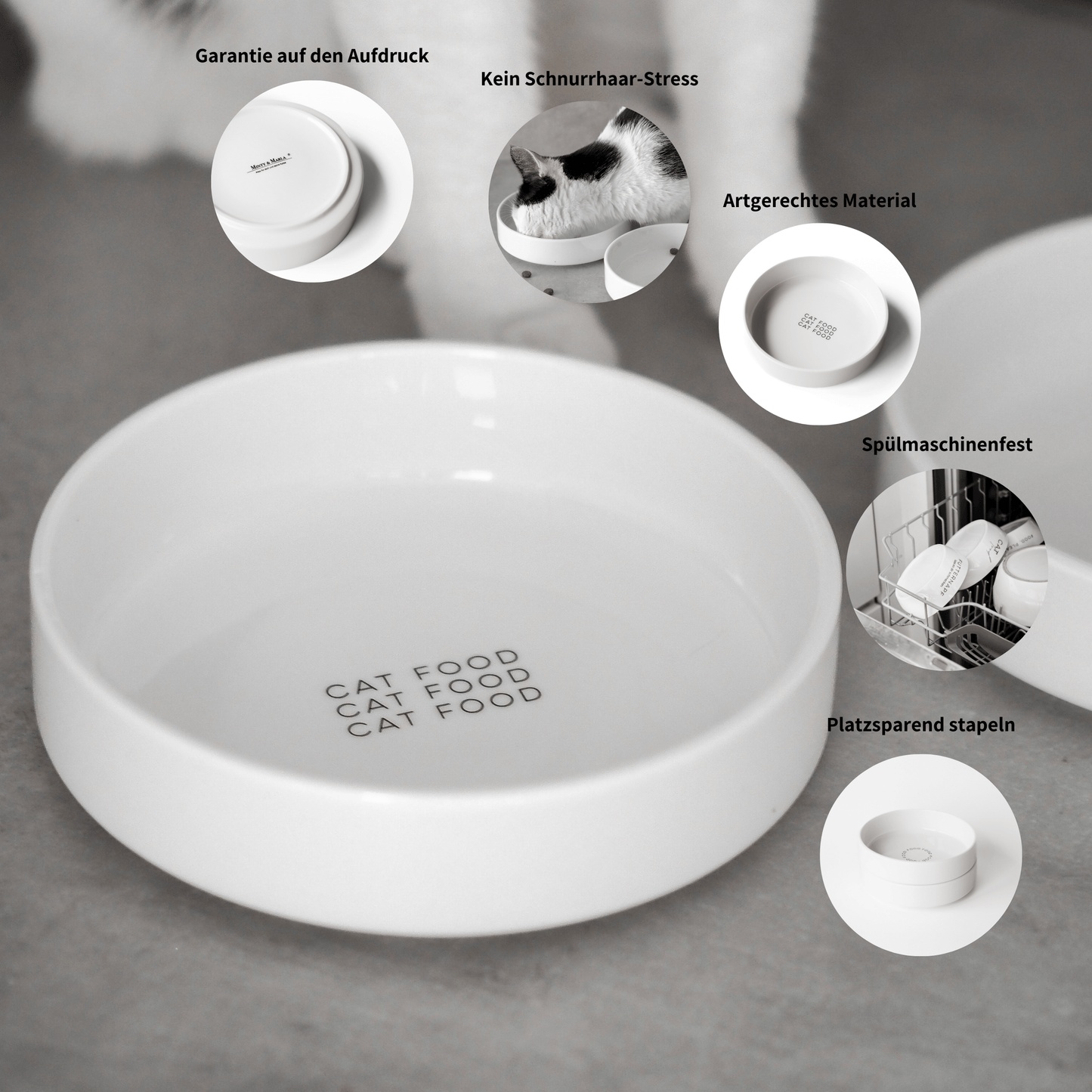 Extra flacher Napf für Katzen aus Keramik mit Aufdruck "Cat Food"