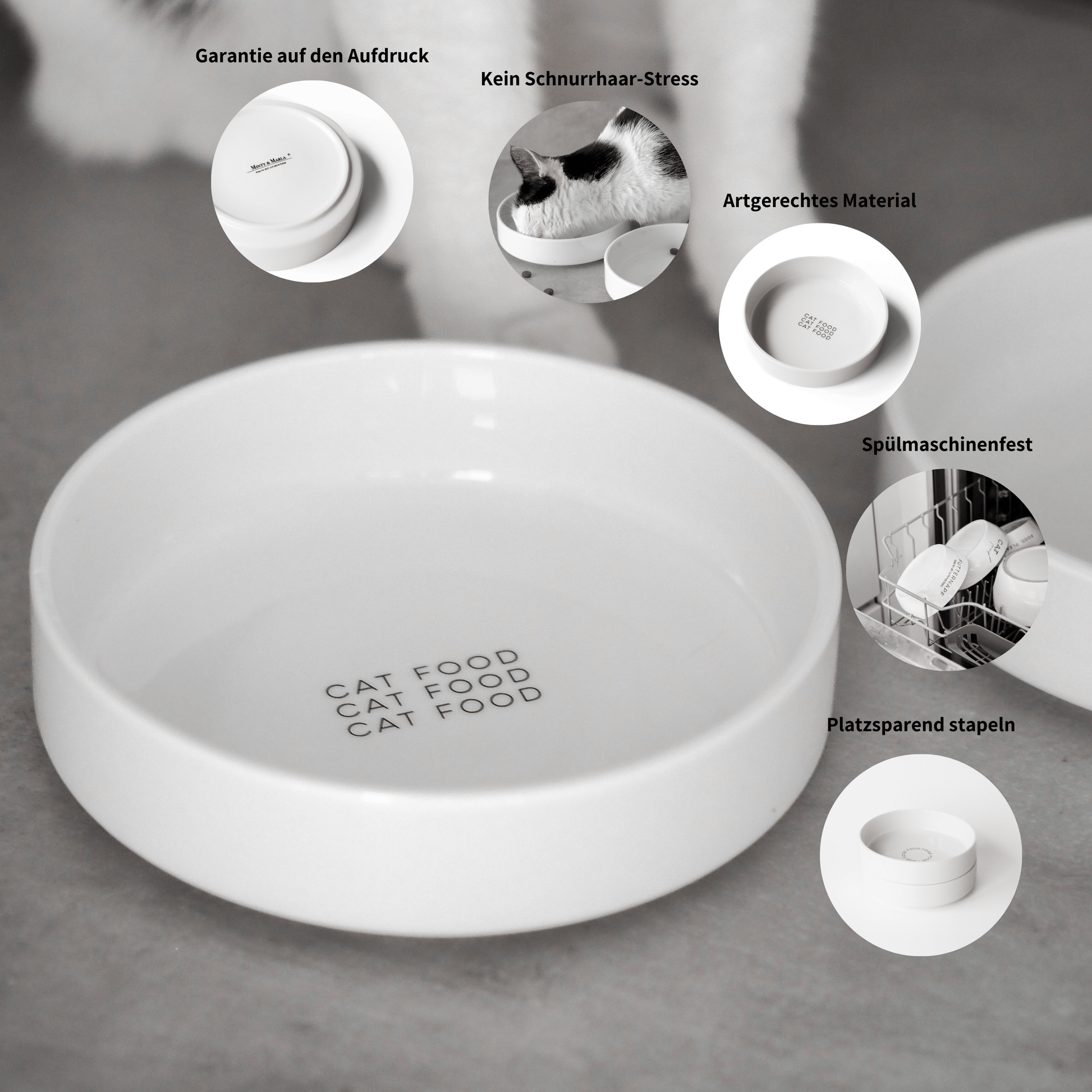 Extra flacher Napf für Katzen aus Keramik mit Aufdruck "Cat Food"