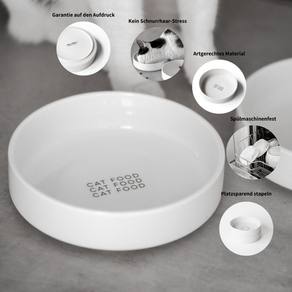 Extra flacher Napf für Katzen aus Keramik mit Aufdruck "Cat Food"