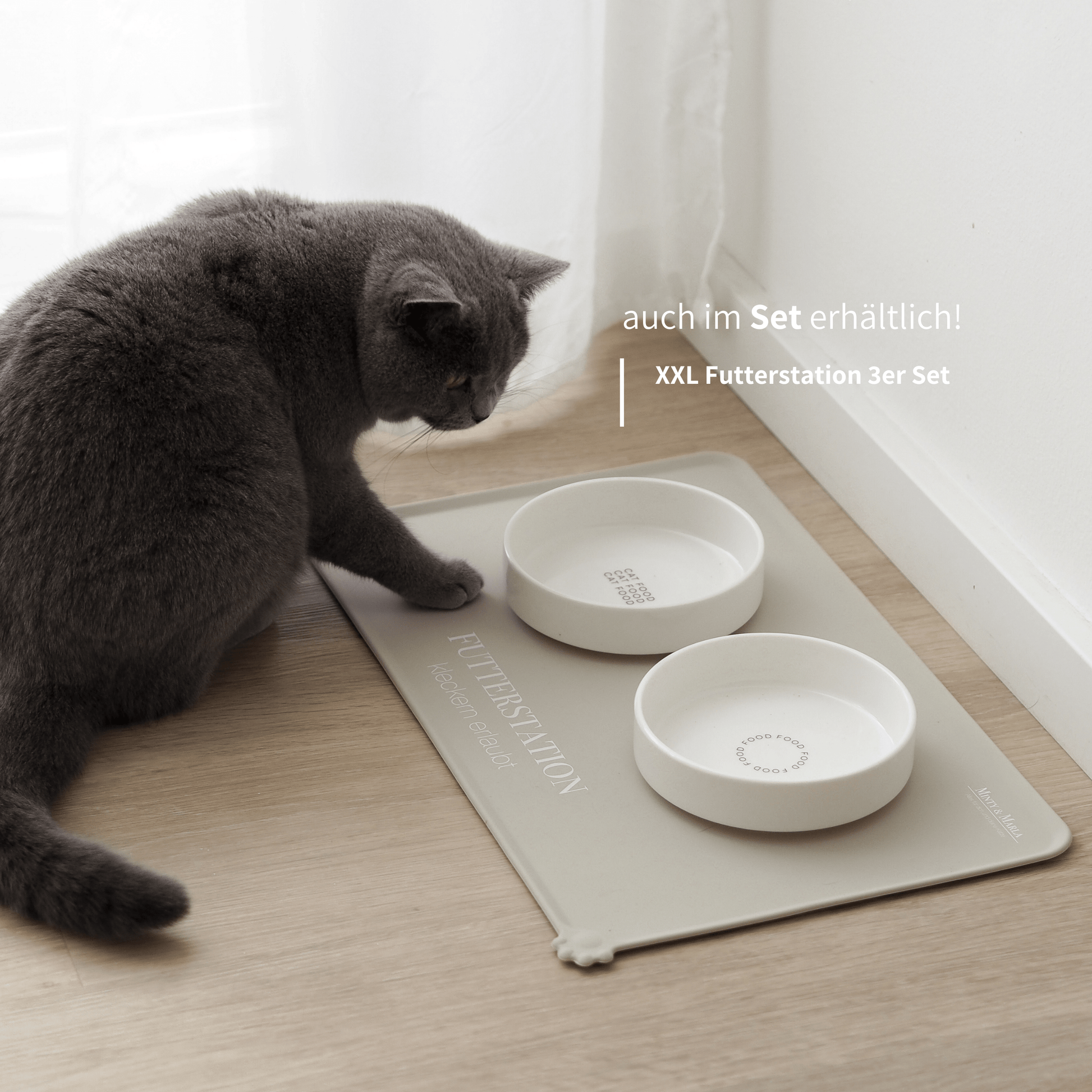 Stylisches Futterzubehör für Katzen mit Napfunterlage und Näpfen aus Keramik