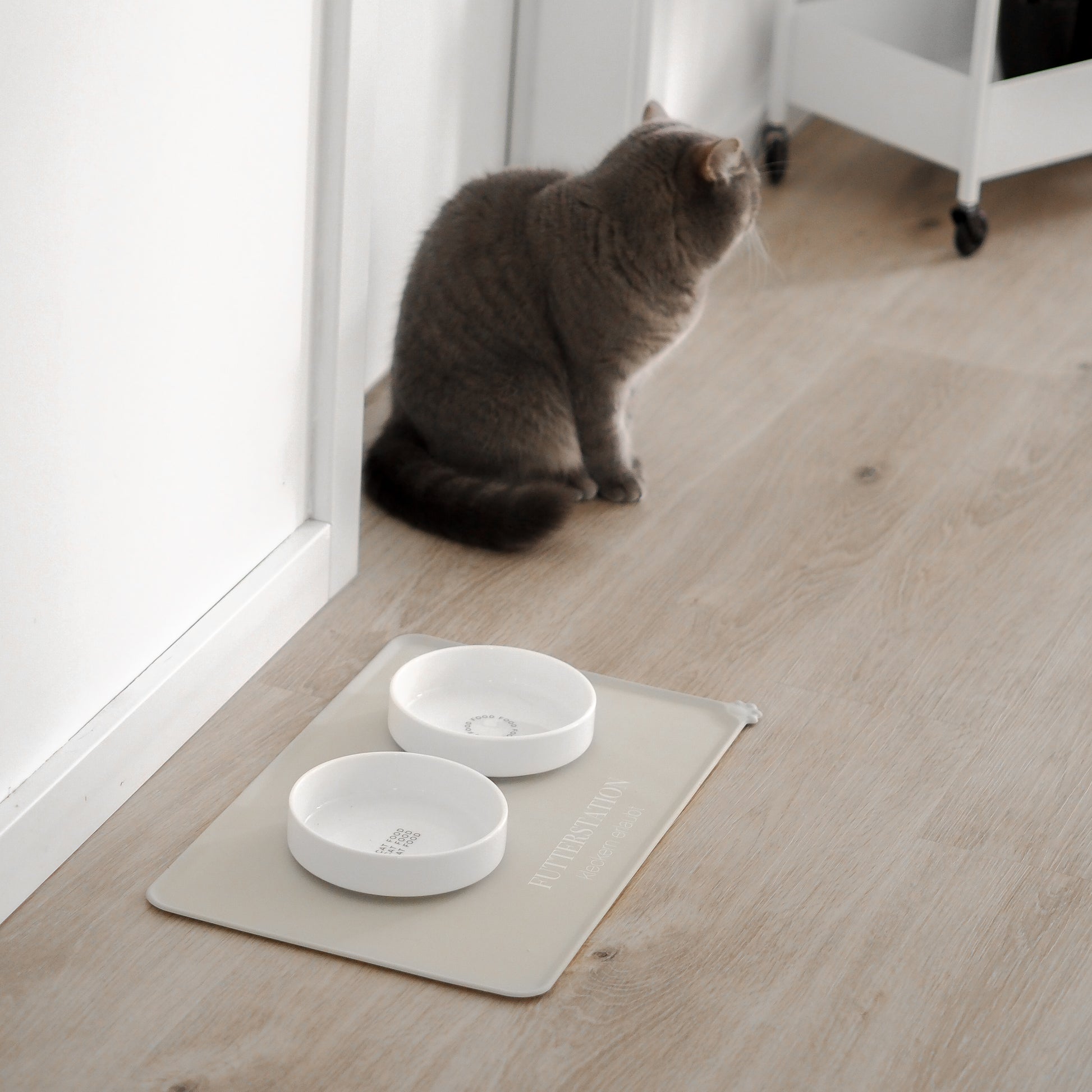 Artgerechter Futterplatz für Katzen bestehend aus einer beigen Napfunterlage und zwei flachen Näpfen aus Keramik.