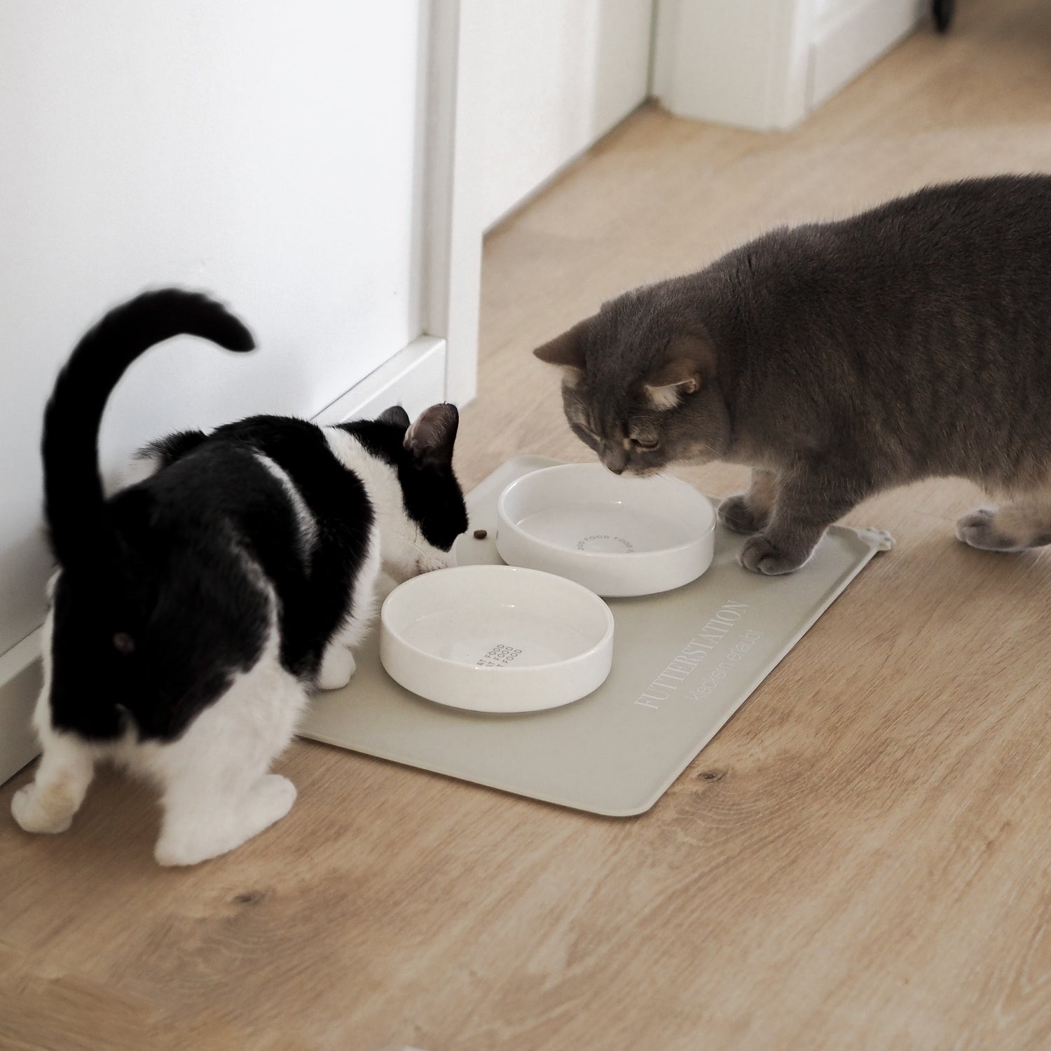 Artgerechter Futterplatz für Katzen bestehend aus einer beigen Napfunterlage und zwei flachen Keramiknäpfen.