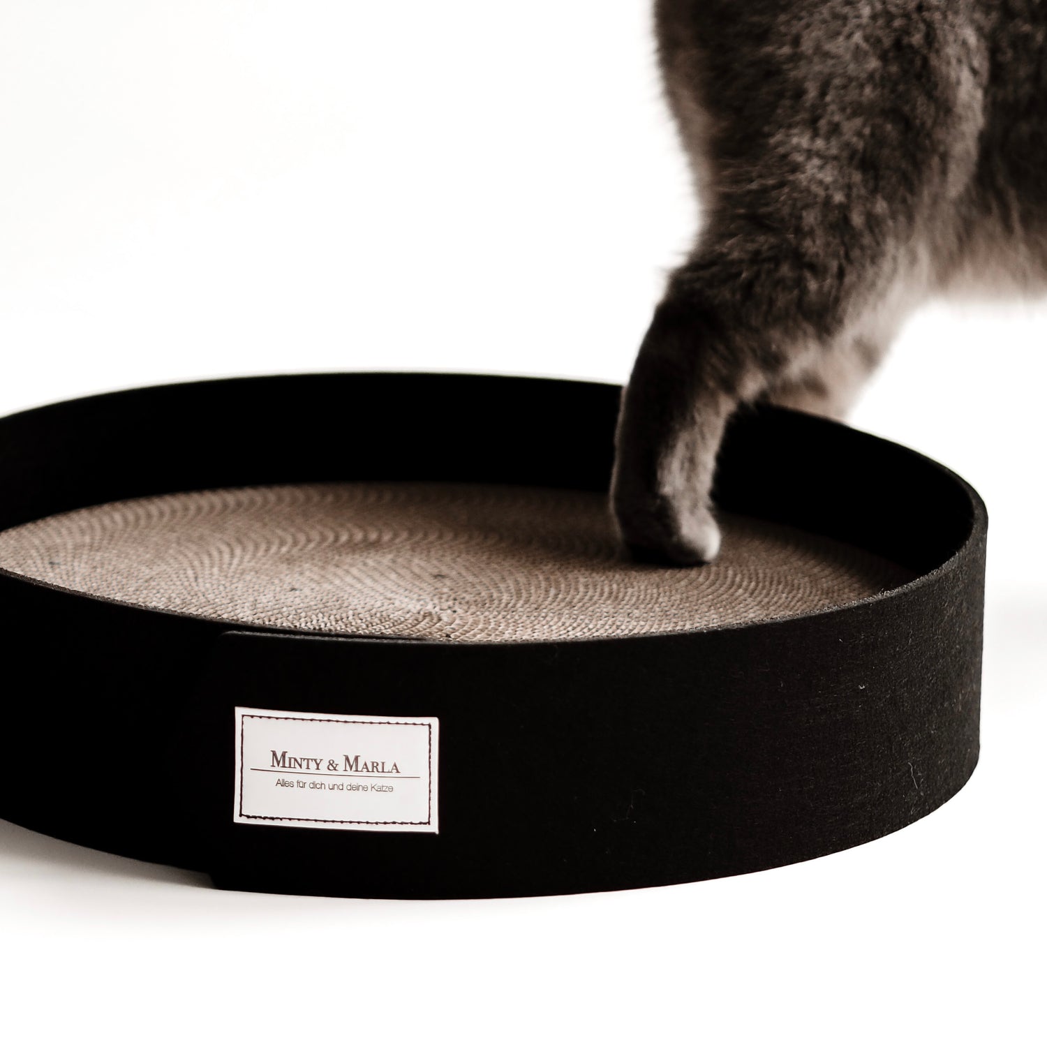 Stylisches und praktisches Kratzbrett für Katzen mit schwarzer Filzumrandung.