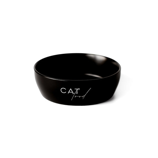 Schwarzer Keramiknapf für Katzen mit Aufdruck "Cat Food" und flachem Rand für Schnurrhaare.