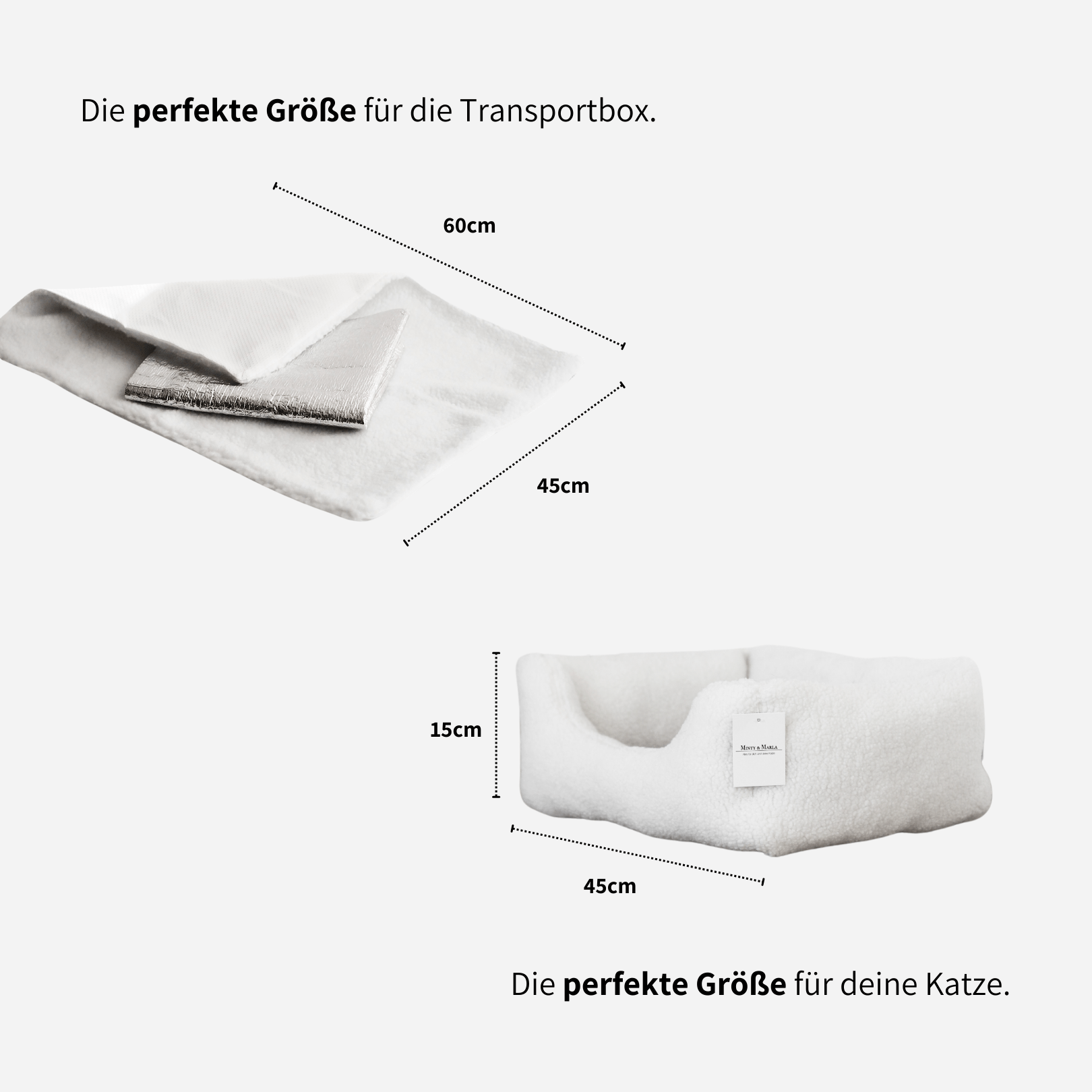 Größenangaben des Körbchens und der Heizdecke für Katzen