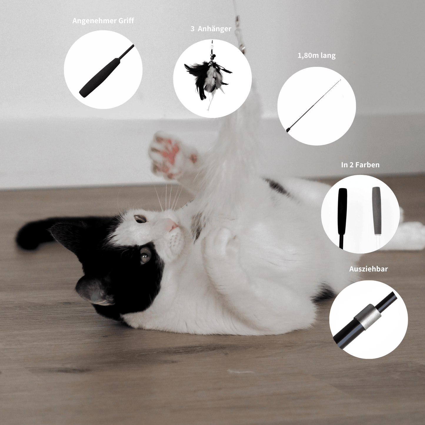 Infos zur Spielangel für Katzen mit angenehmen Griff, 3 Anhänger, der Farbauswahl und der auf 180cm ausziehbaren Funktion