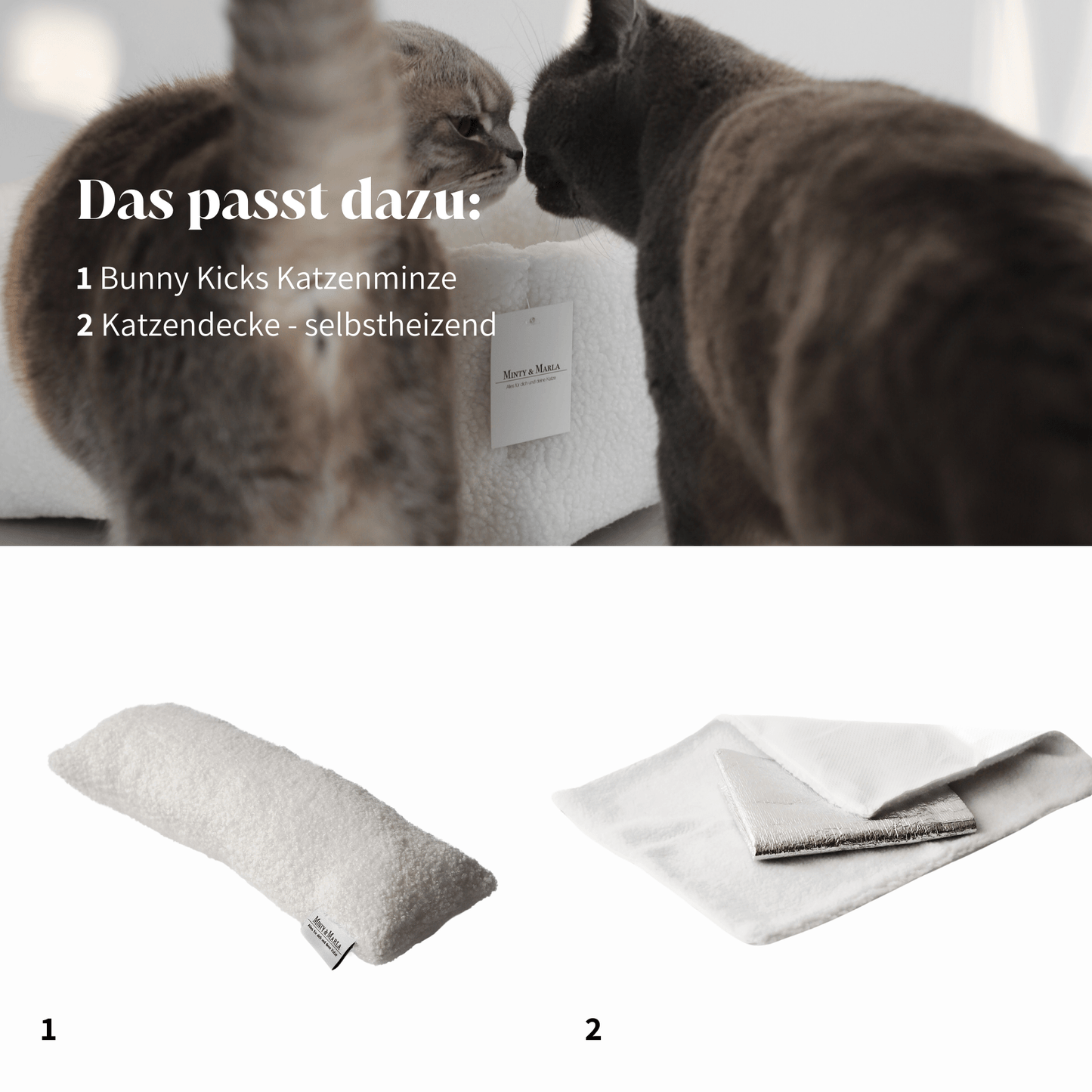 Empfehlungen zum Körbchen Teddy, dass Bunny Kicks Katzenminzekissen und die selbstheizende Transportbxdecke für Fellnasen