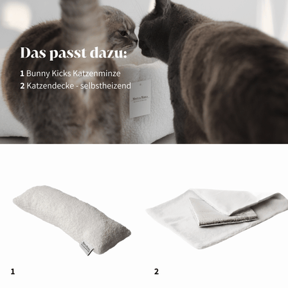 Empfehlungen zum Körbchen Teddy, dass Bunny Kicks Katzenminzekissen und die selbstheizende Transportbxdecke für Fellnasen