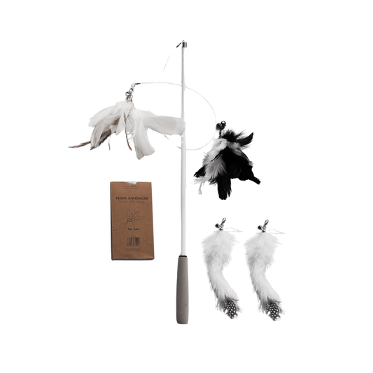 XXL Katzenangel zum ausziehen auf 180cm inklusive drei Federanhängern in schwarz und weiß zum Spielen