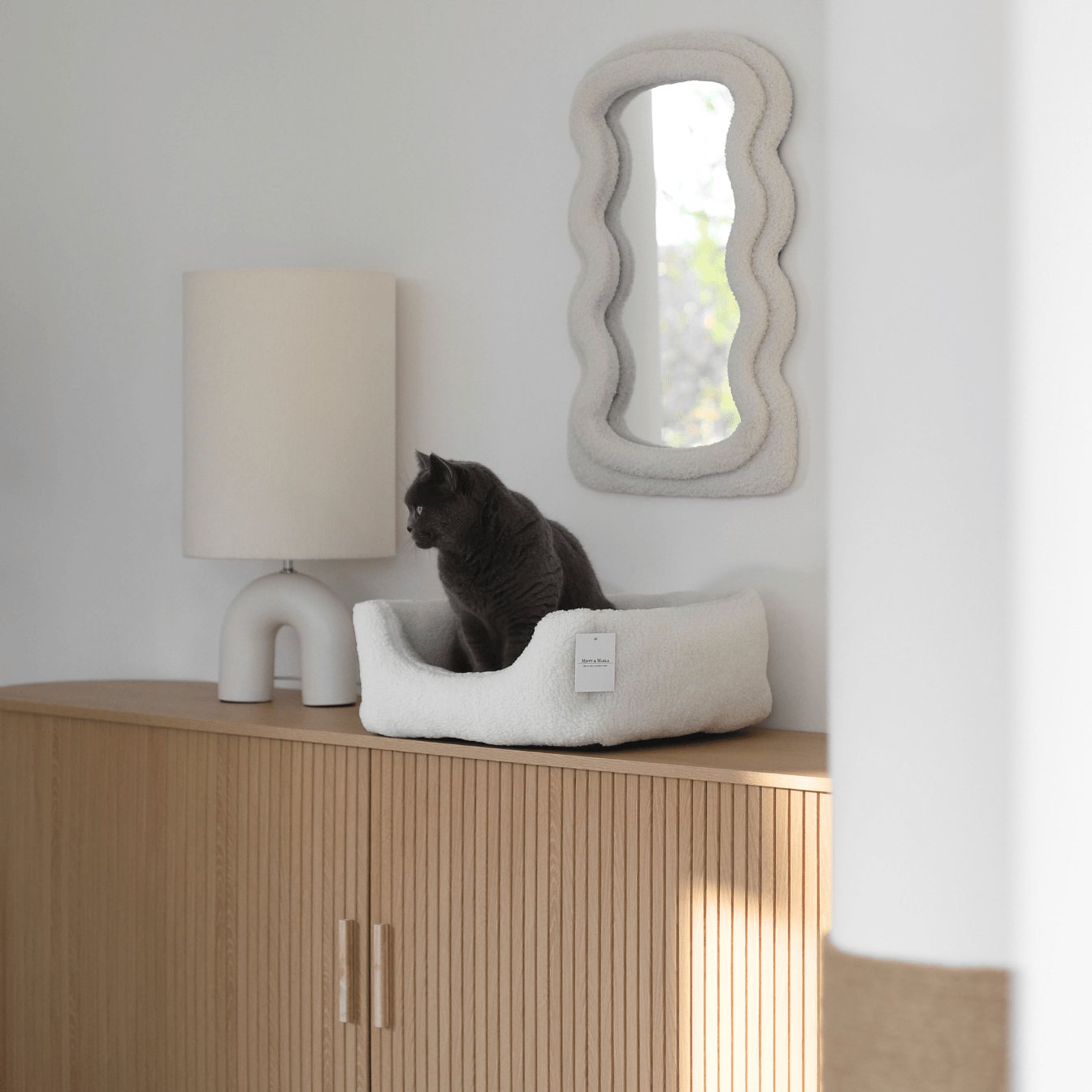 Graue Katze sitzt in weißem Katzenbett aus Teddystoff vor moderner Holzeinrichtung