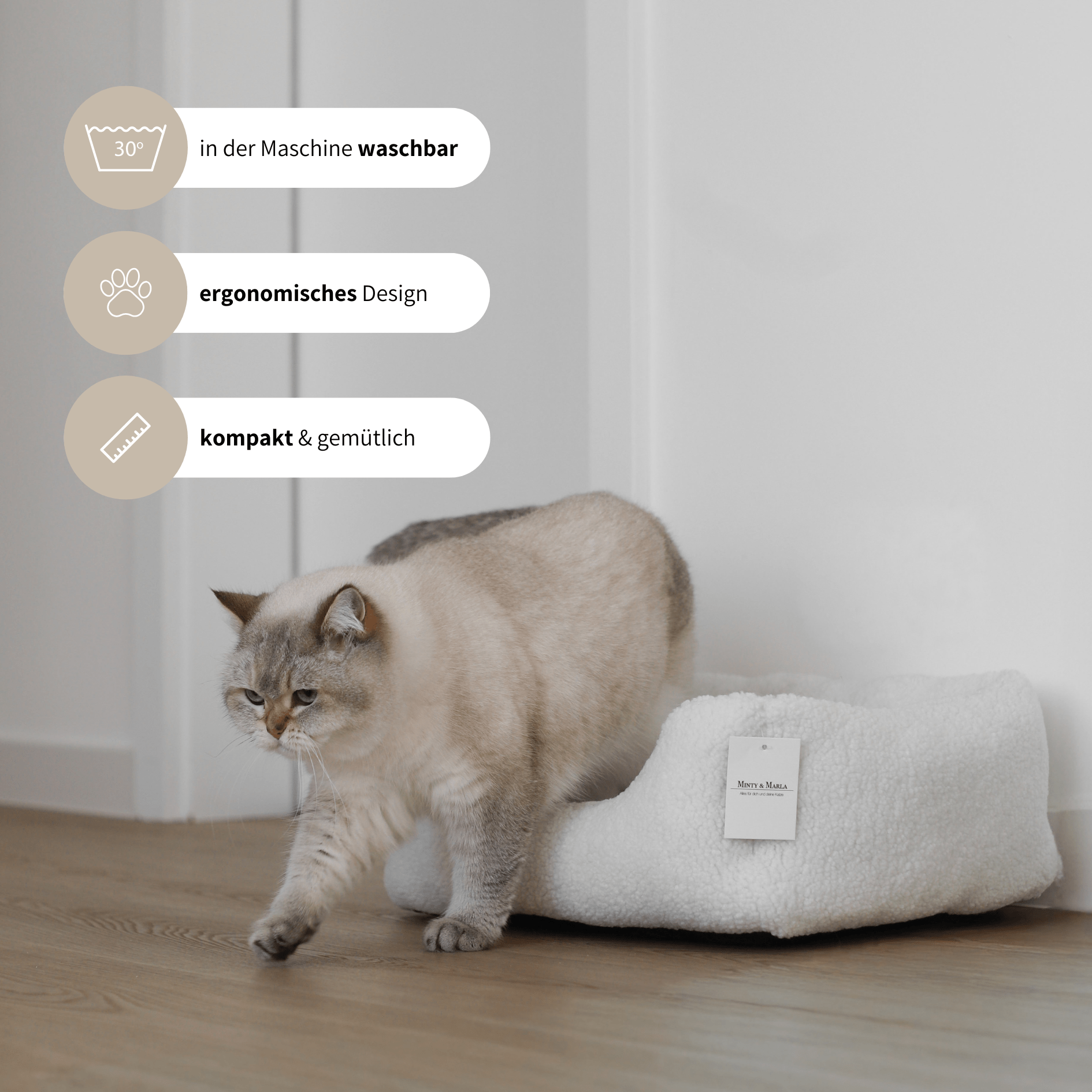 Katze steht im Körbchen Teddy aus kuscheligen Stoff mit Infos zum ergonomisches Design und der Pflegetipps