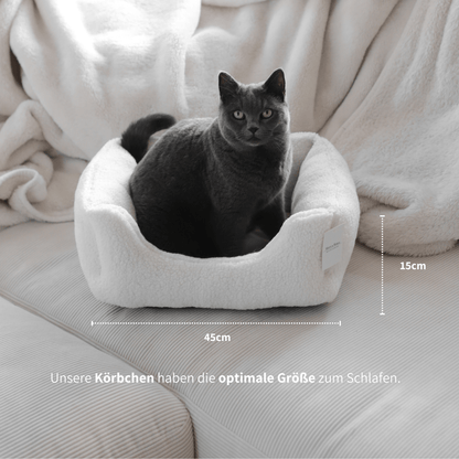 Katzenbett mit grauer Katze steht auf einem Sofa mit den Maßangaben zur optimalen Größe des Schlafplatzes