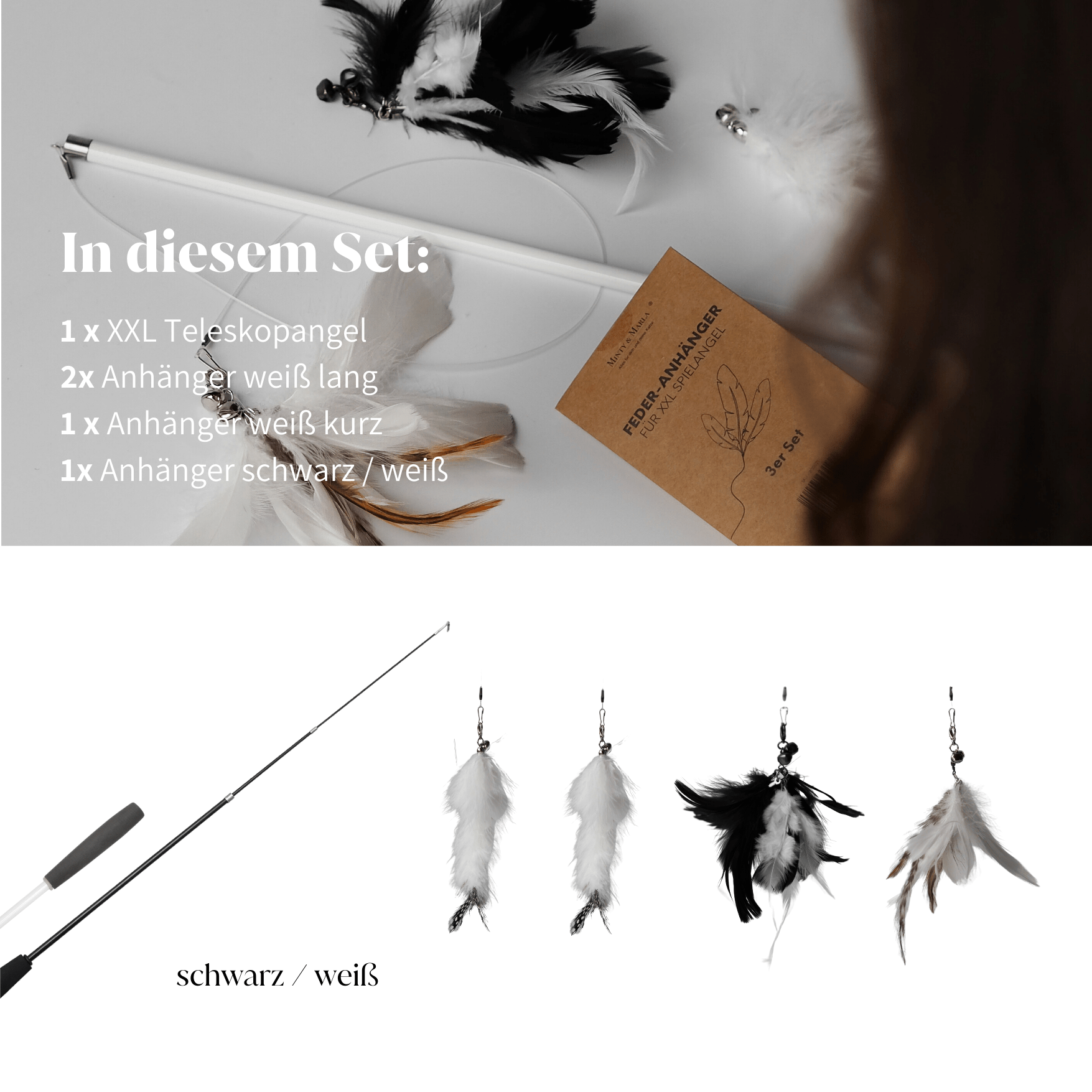 Umfang des Spielangel Sets bestehend aus einer schwarzen oder weißen Teleskopspielangel für Katzen und vier Federanhängern