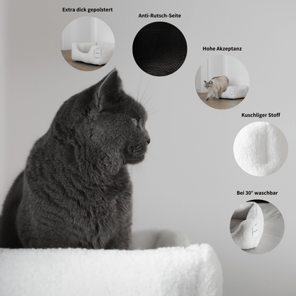 Infos zum Schlafplatz für Katzen wie extra dicker Polsterung, Anti-Rutsch Seite, hoher Akzeptanz, kuscheligem Stoff und der Pflege.