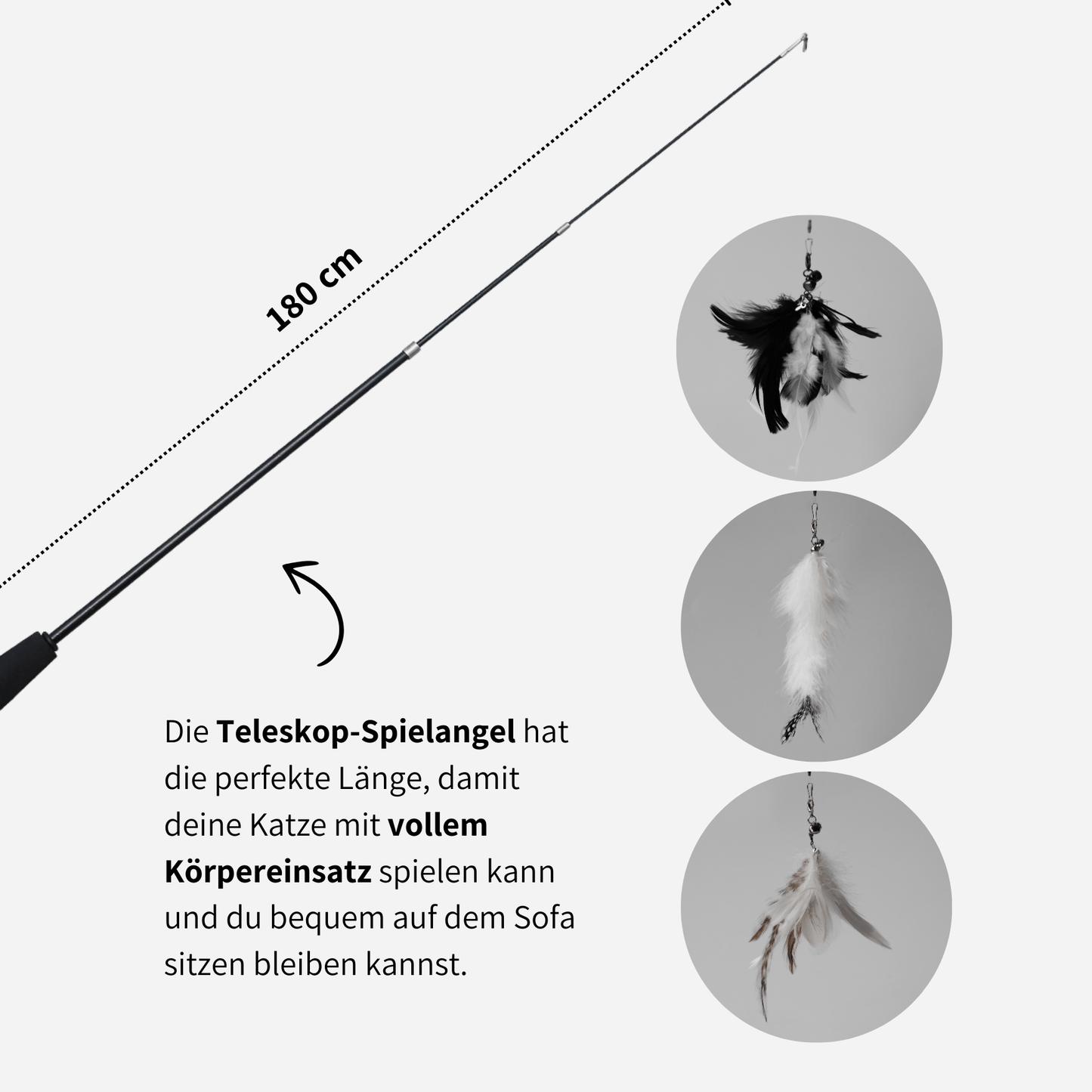 Schwarze Teleskopspielangel für Katen mit Federspielzeug für ein aktives Spielerlebnis und 180cm ausziehbarer Funktion