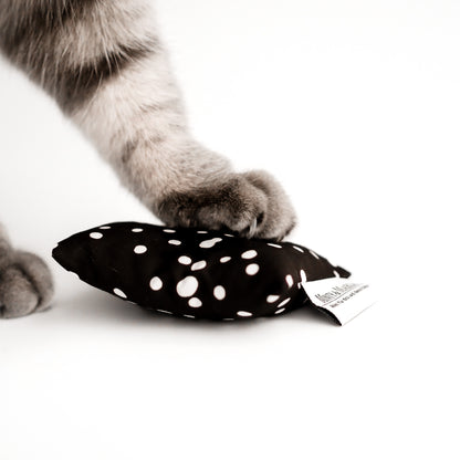 Eine Katzenpfote von einer grau getigerten Katze steht auf einem Spielkissen für Katzen in der Farbe schwarz mit weißen Punkten.